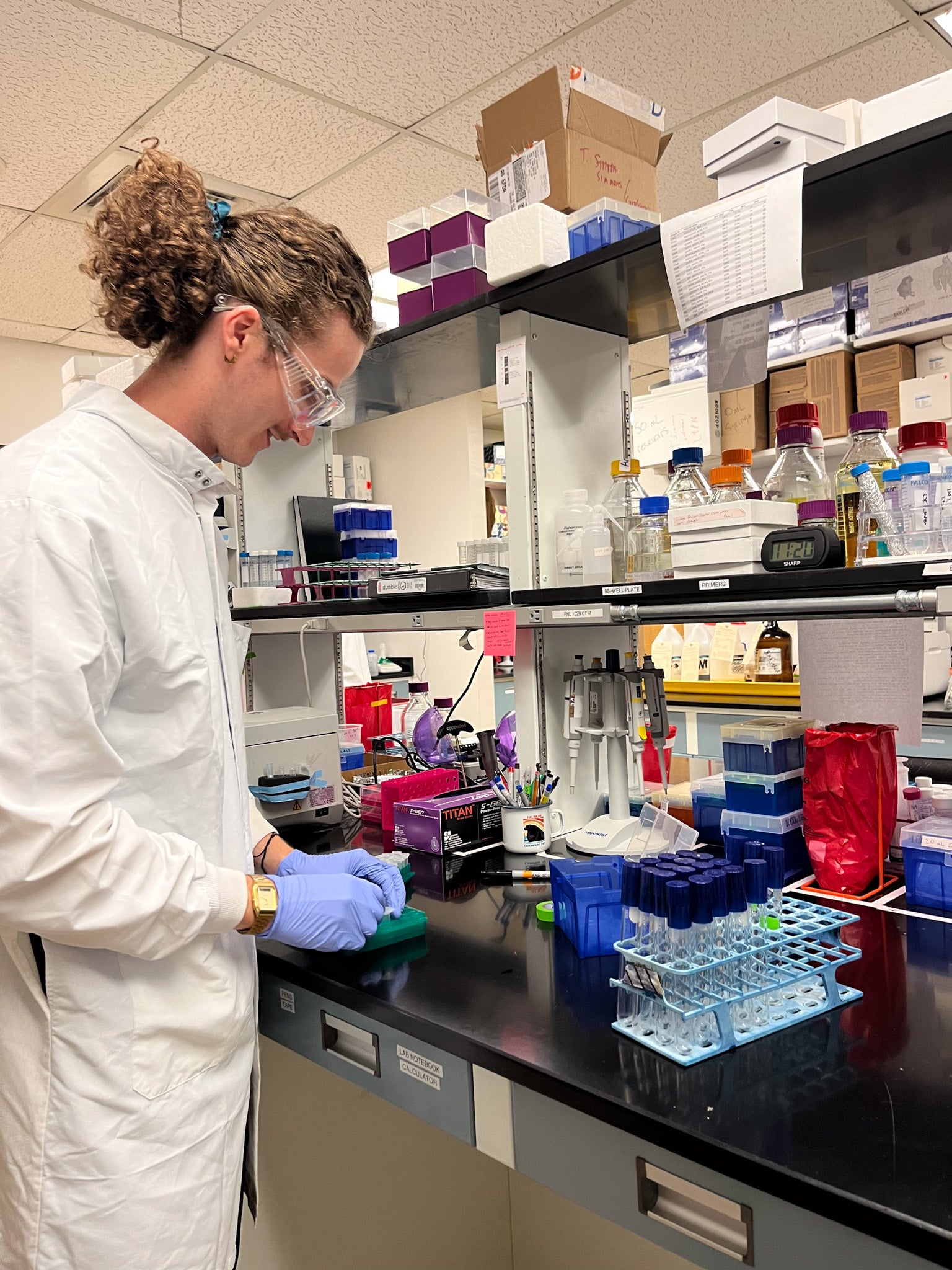 Texas Engineering student looking down at lab table holding samples